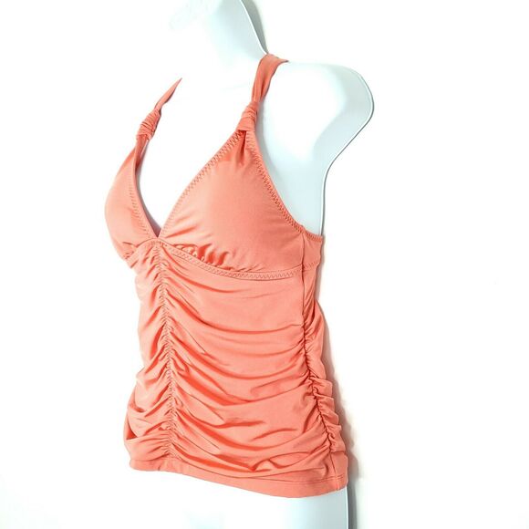 Athleta Aqualuxe Tankini Swim Top S Coral Sunset Orange Ruched Deep V - Picture 3 of 12